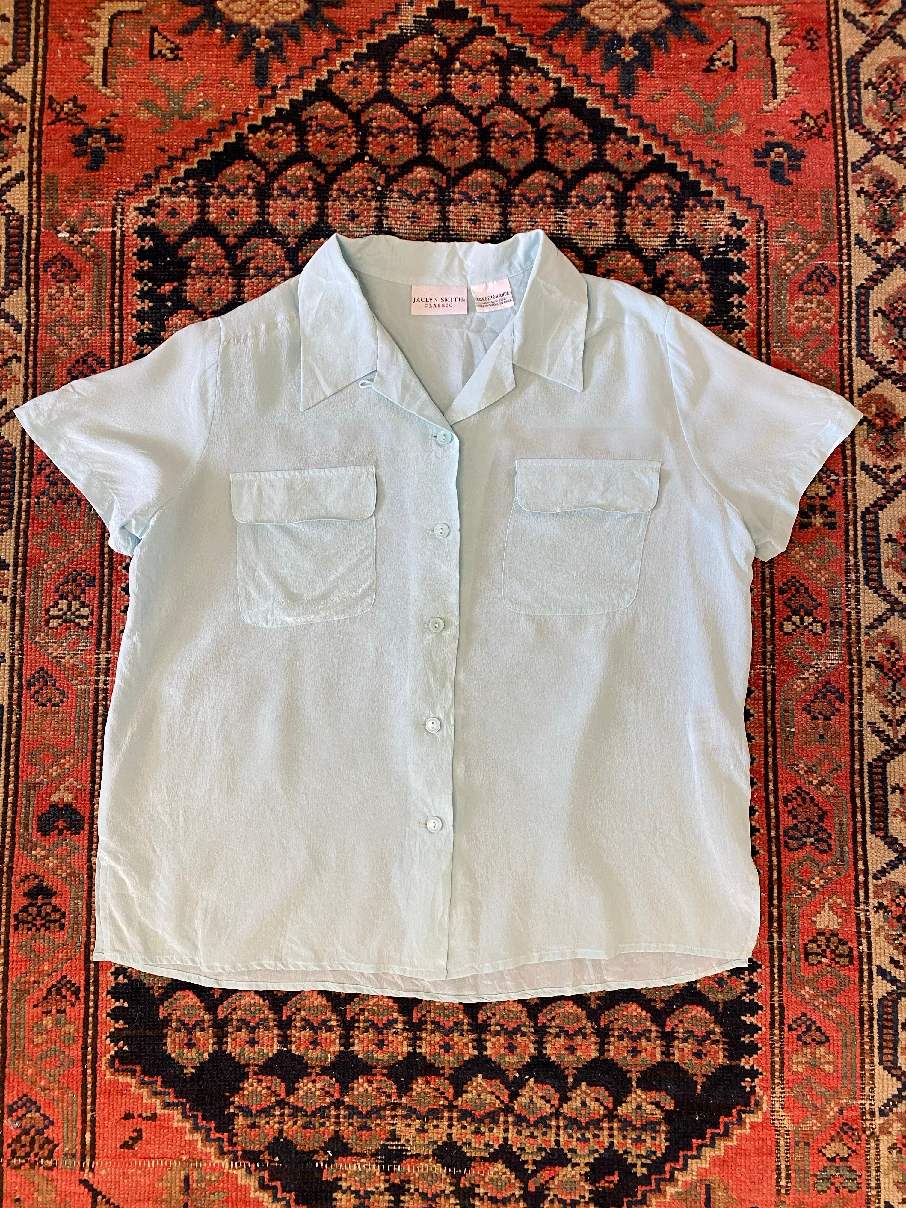 Vintage Light Blue Linen Button Up Shirt - WMNS - L