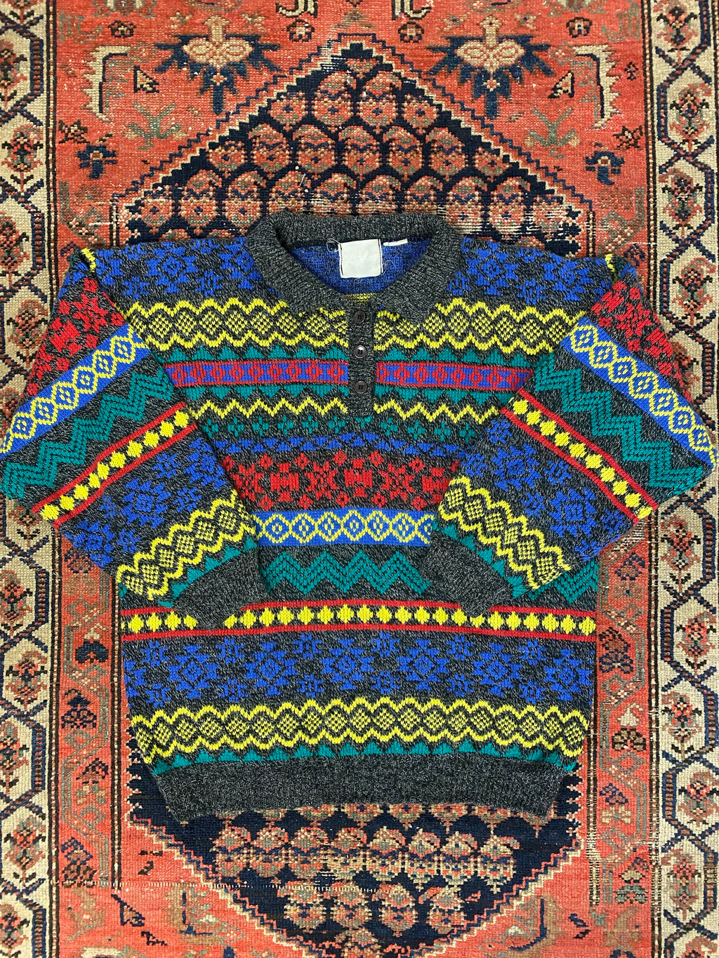 Vintage Collared Patterned Knit Sweater - L