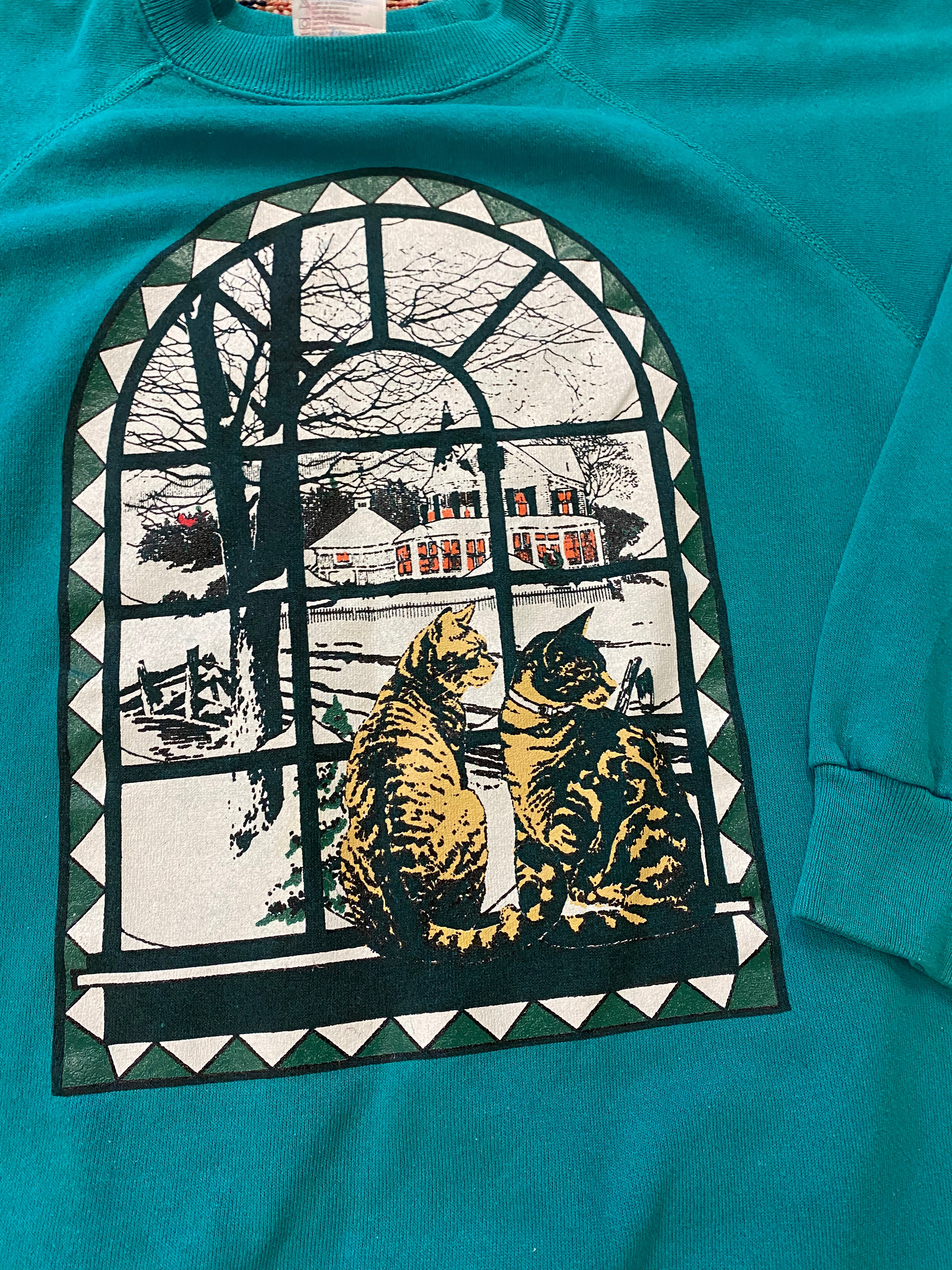 90s Teal Cat Crewneck - M