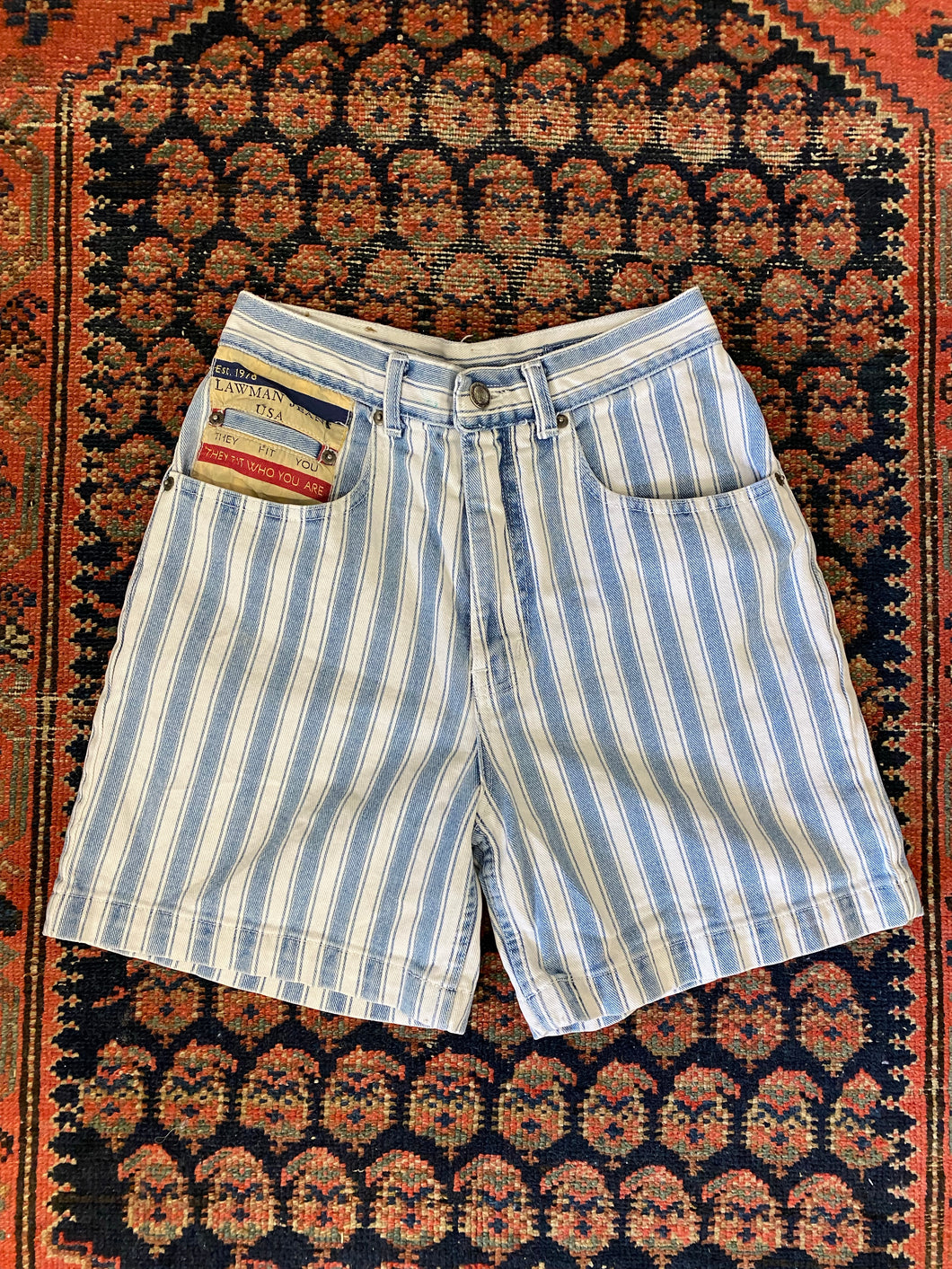 90s Denim High Waisted Pinstriped Shorts - 26in