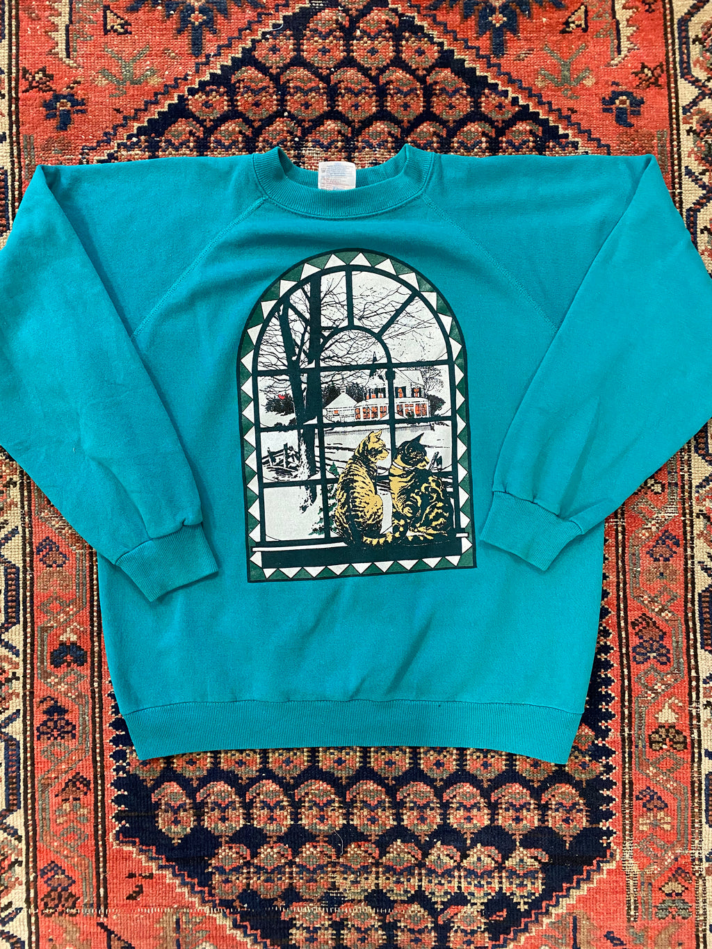 90s Teal Cat Crewneck - M