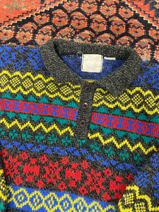Vintage Collared Patterned Knit Sweater - L
