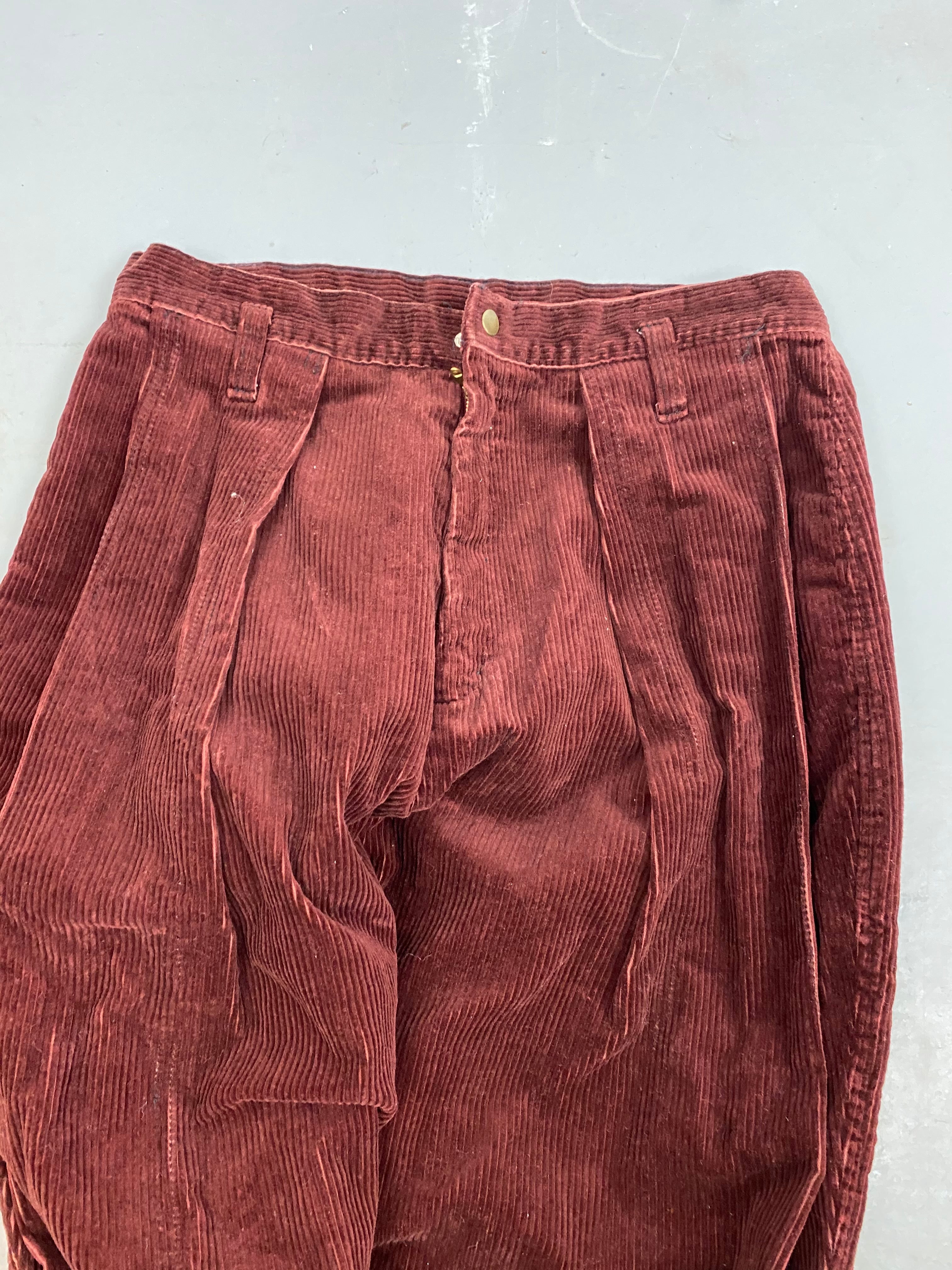 Burgundy corduroy wide pleated trousers