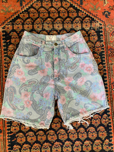 Vintage Frayed Floral Denim Shorts - 24in