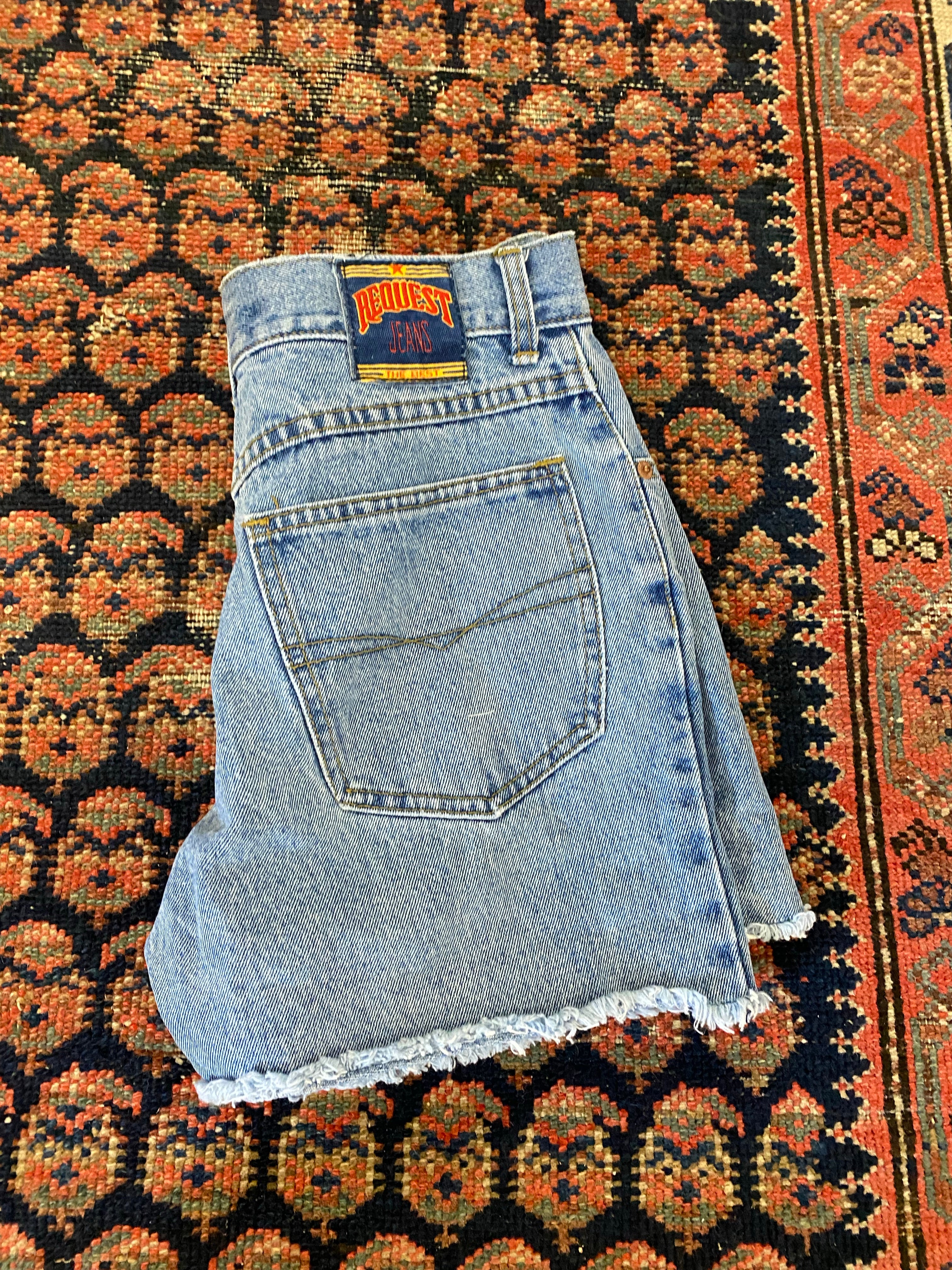 Vintage High Waisted Request Frayed Denim Shorts - 27in