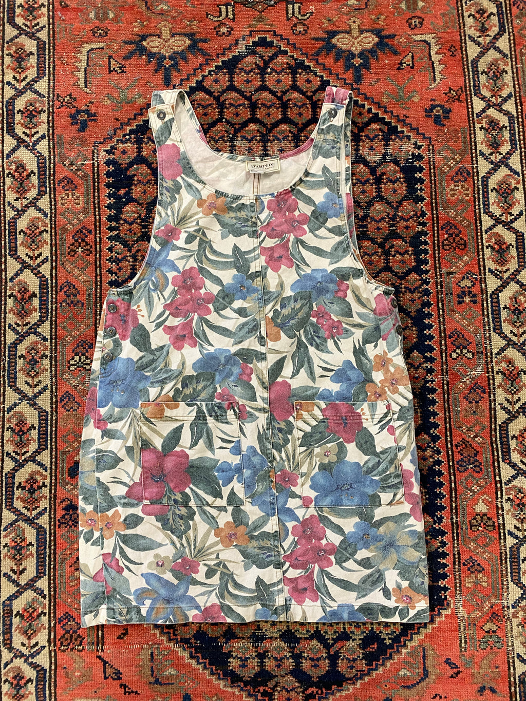 90s White Floral Canvas Dress - M