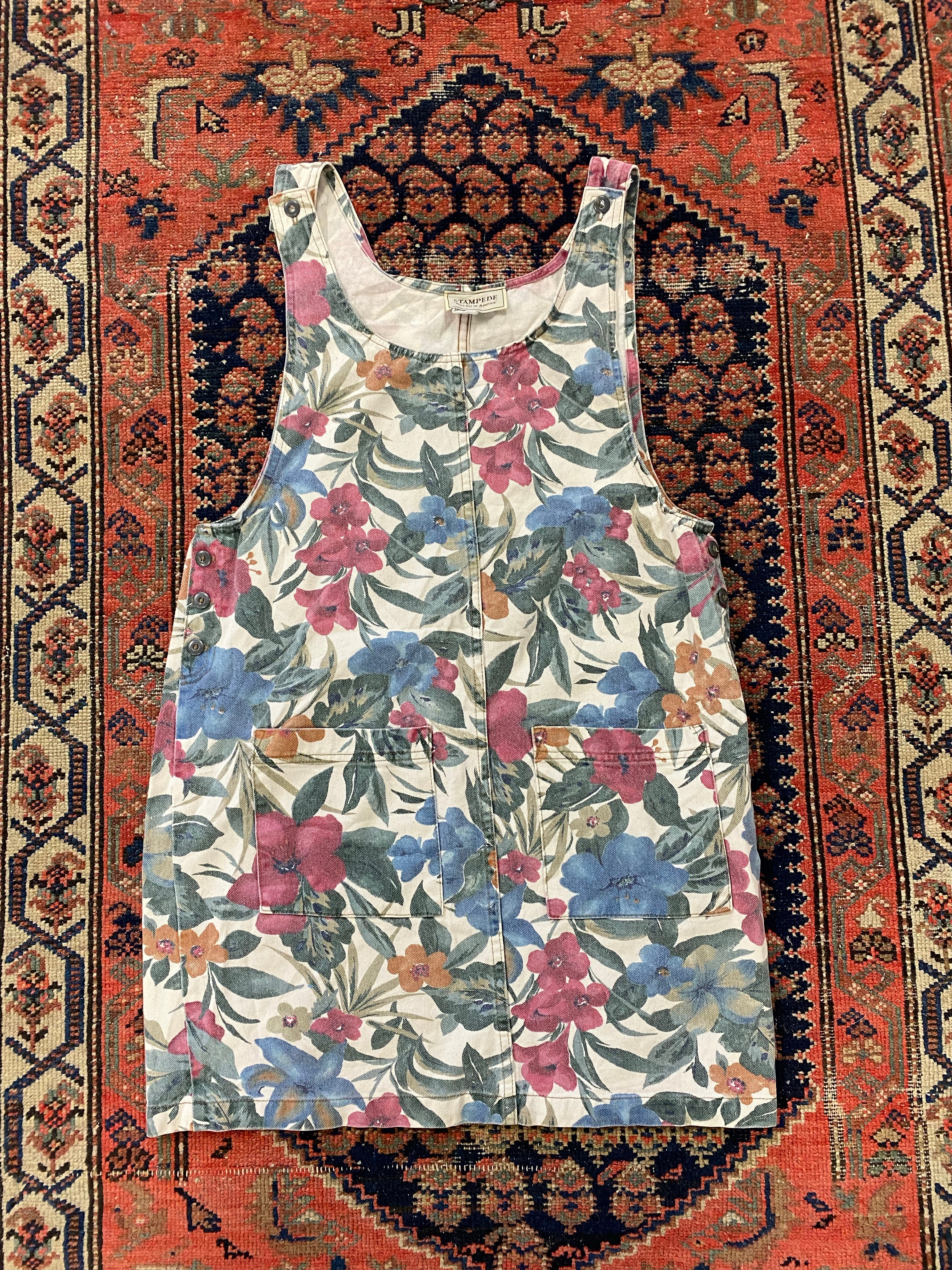 90s White Floral Canvas Dress - M