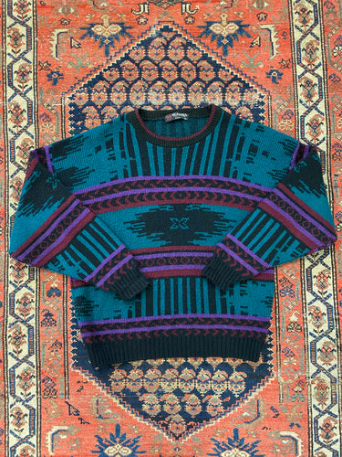 Vintage Patterned Knit Sweater - M