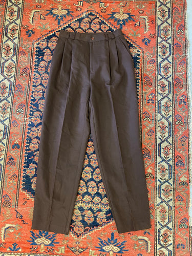 Vintage Brown Pleated Linen High Waisted Trousers - 26in