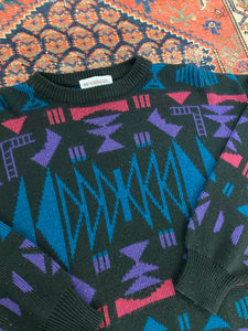 Vintage Patterned Knit Sweater - M