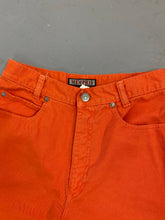 Load image into Gallery viewer, Orange high waisted frayed denim shorts